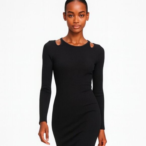 NWT WHBM FORME Black Rib Long Sleeve Cutout Dress - Size SP - Picture 9 of 10